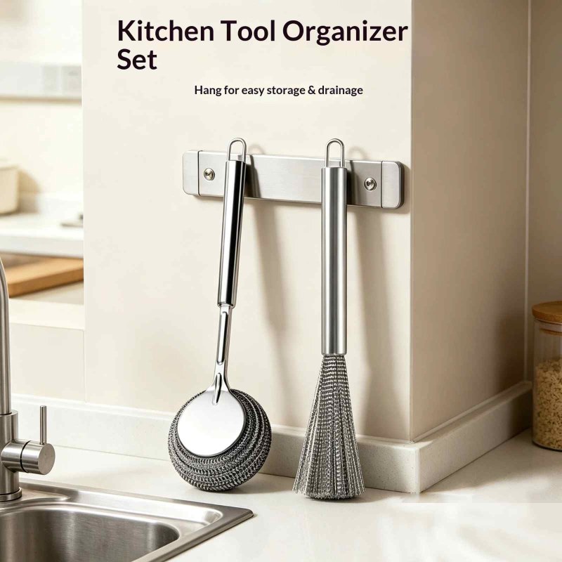  (2pcs set )Stainless Steel Long Handle Pot Brush Set Metal Wire Scrubber Brush-000987